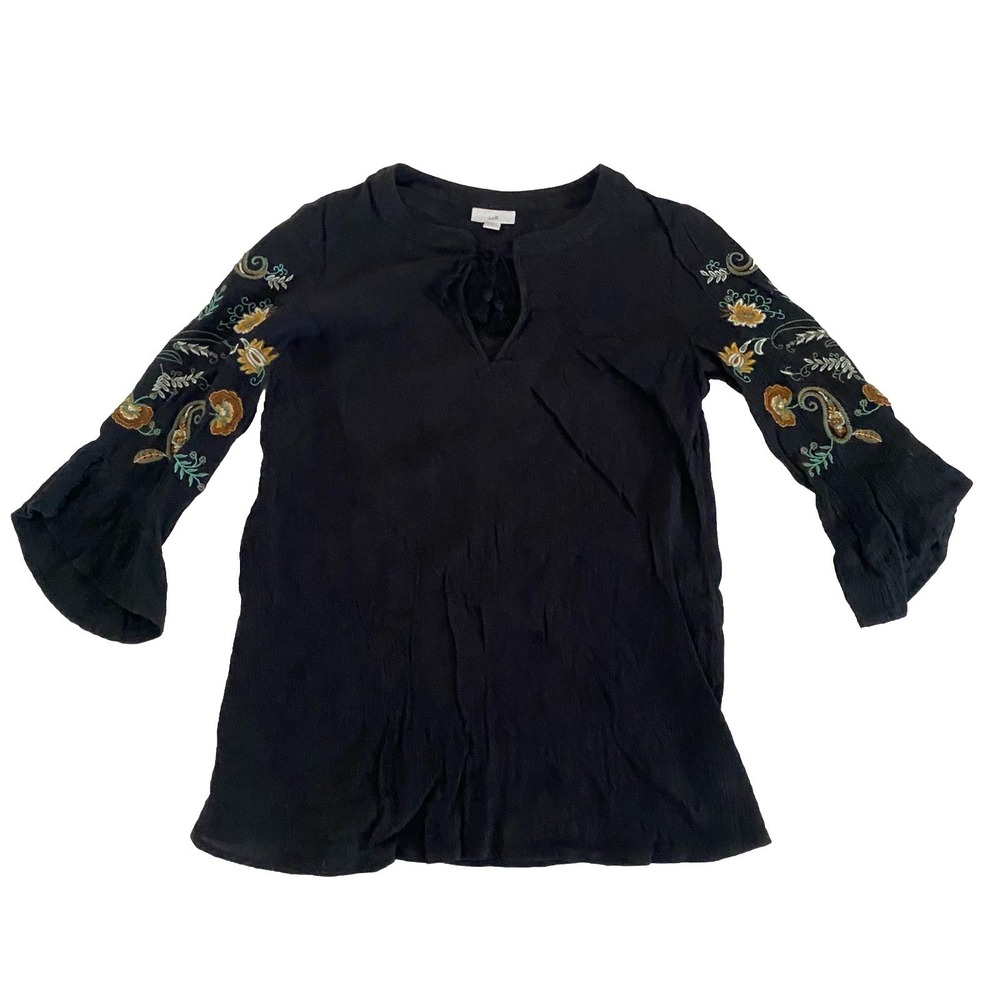 J. Jill Tunic XS Black‎ Paisley Floral Embroidered Lightweight Travel 3/4 Sleeve